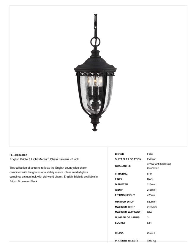 English Bridle 3 Light Medium Kette Laterne - Schwarz - Clicklights Shop