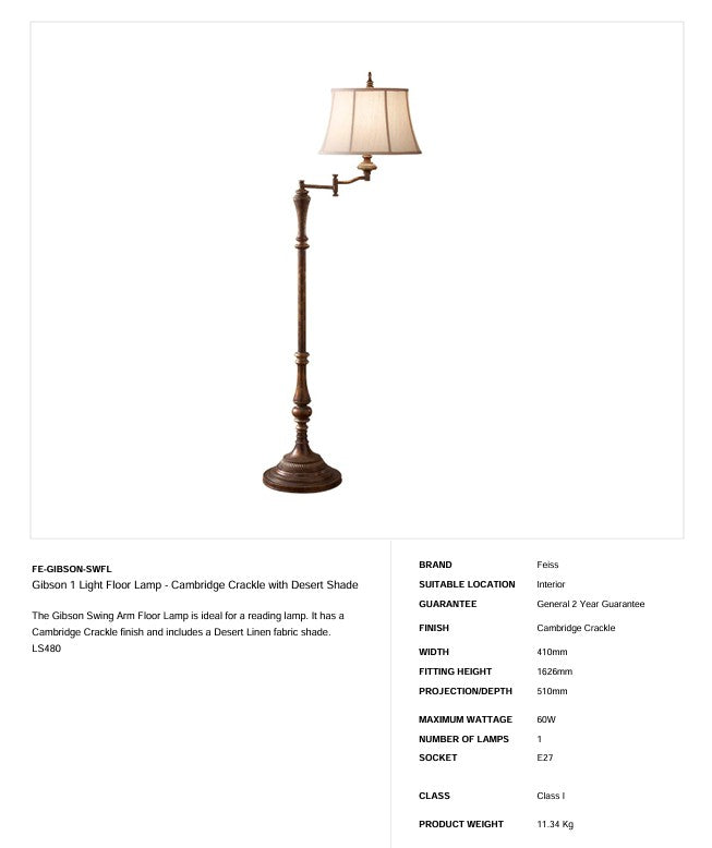 Gibson 1 Light Stehleuchte - Cambridge Crackle mit Desert Shade - Clicklights Shop