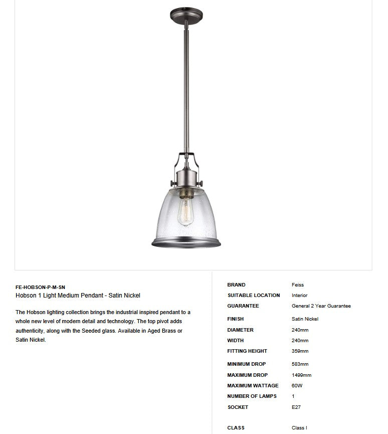 Hobson 1 Light Medium Pendant Satin Nickel - Clicklights Shop