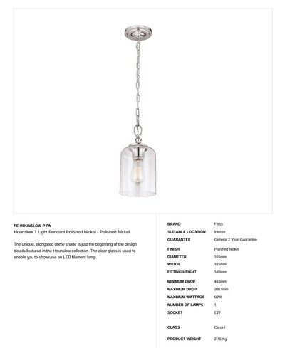 Hounslow 1 Light Pendelleuchte Poliertes Nickel - Poliertes Nickel - Clicklights Shop