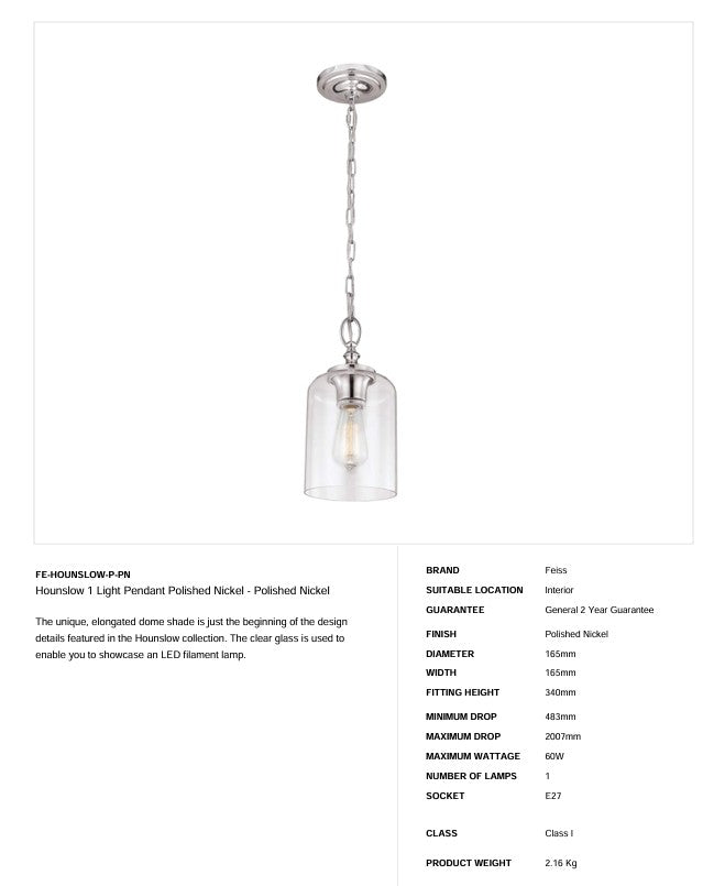 Hounslow 1 Light Pendelleuchte Poliertes Nickel - Poliertes Nickel - Clicklights Shop