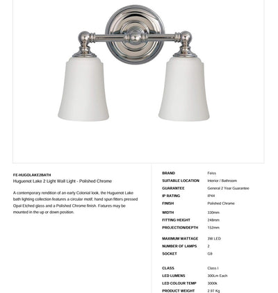 Huguenot Lake 2 Light Wandleuchte - Chrom poliert - Clicklights Shop