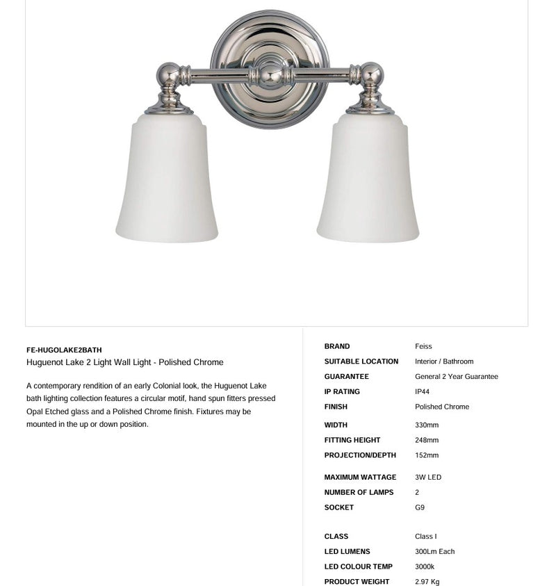 Huguenot Lake 2 Light Wandleuchte - Chrom poliert - Clicklights Shop