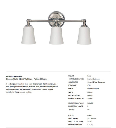 Huguenot Lake 3 Light Above Mirror Light - Clicklights Shop