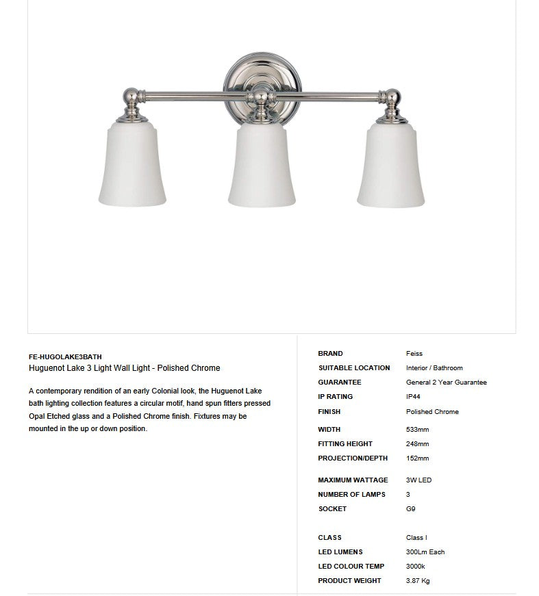 Huguenot Lake 3 Light Above Mirror Light - Clicklights Shop