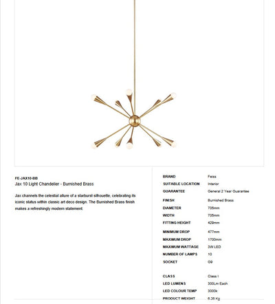 Jax 10 Light Chandelier - Burnished Brass - Clicklights Shop