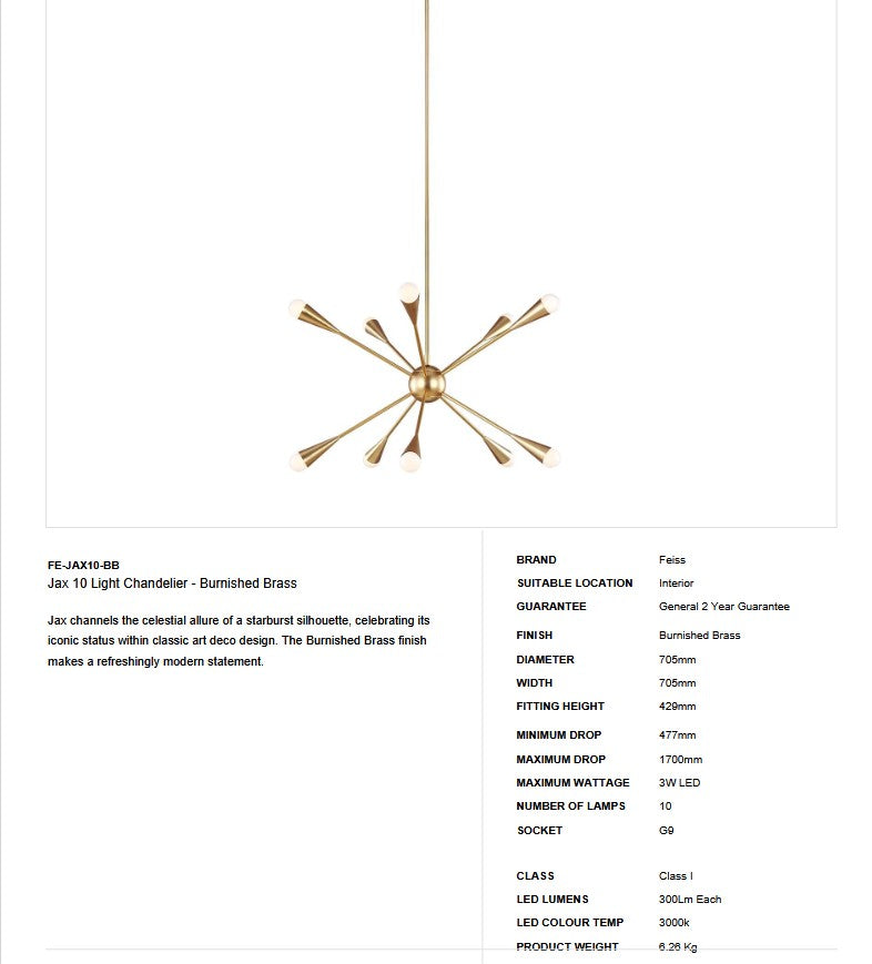 Jax 10 Light Chandelier - Burnished Brass - Clicklights Shop