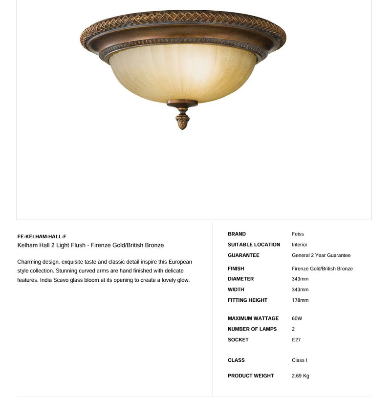 Kelham Hall 2 Light Flush - Firenze Gold/Britisches Bronze - Clicklights Shop