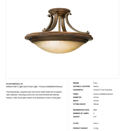 Kelham Hall 2 Light Semi-Flush Leuchte - Firenze Gold/Britische Bronze - Clicklights Shop