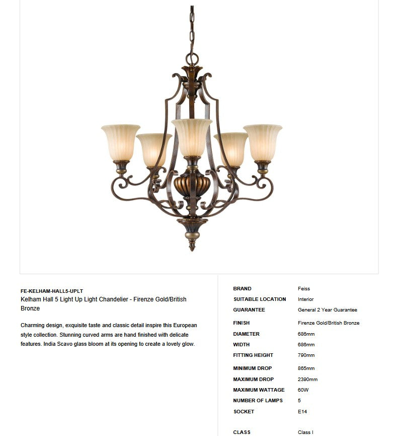 Kelham Hall 5 Light Up Light Chandelier - Clicklights Shop