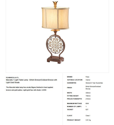 Marcella 1 Light Table Lamp - Clicklights Shop