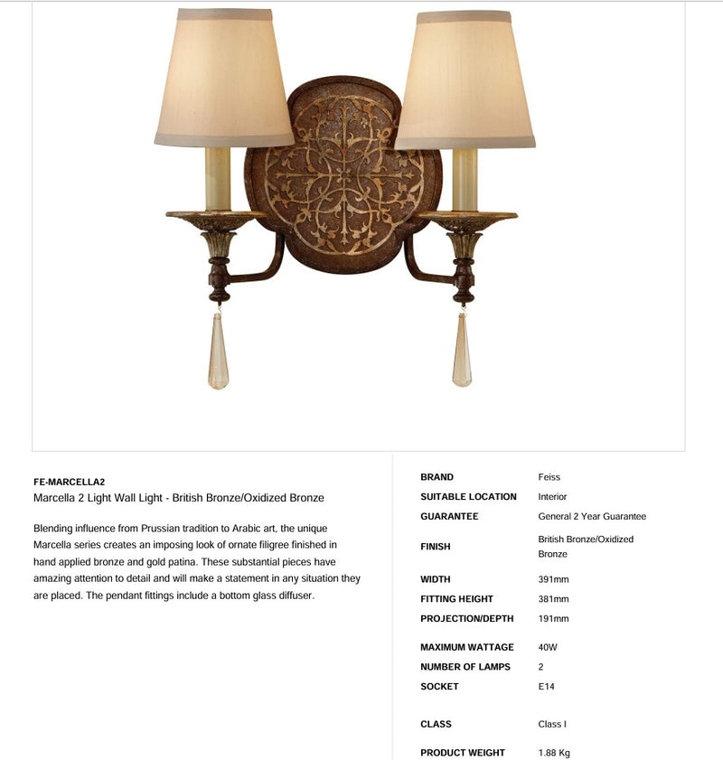 Marcella 2 Light Wandleuchte - Britische Bronze/Oxidierte Bronze - Clicklights Shop