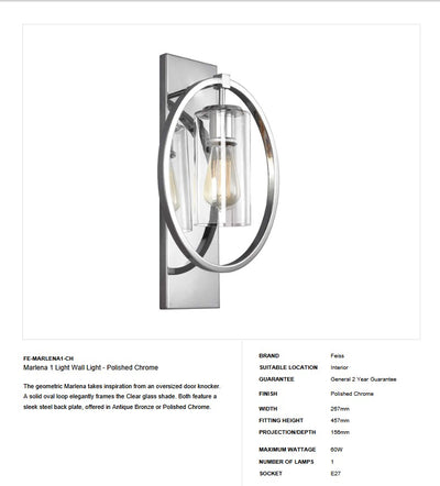 Marlena 1 Light Wandleuchte - Chrom poliert - Clicklights Shop