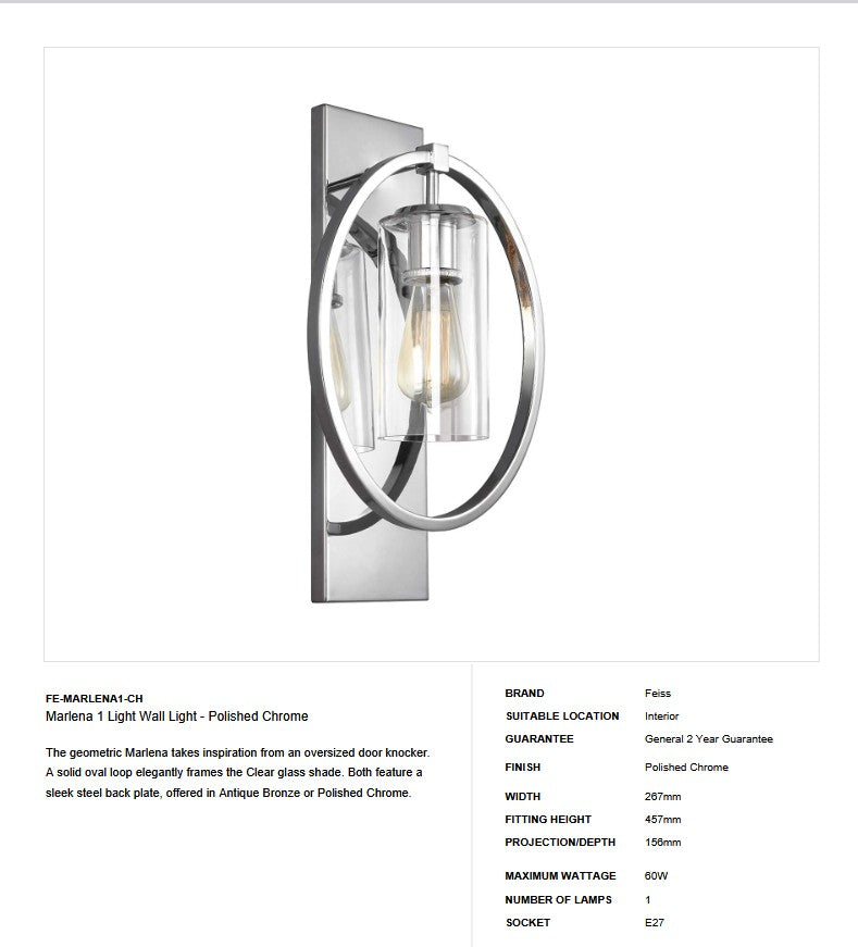 Marlena 1 Light Wandleuchte - Chrom poliert - Clicklights Shop