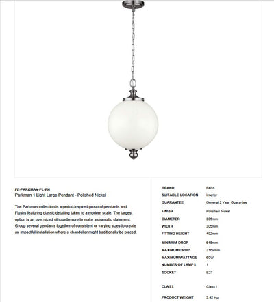 Parkman 1 Light Große Pendelleuchte - Poliertes Nickel - Clicklights Shop