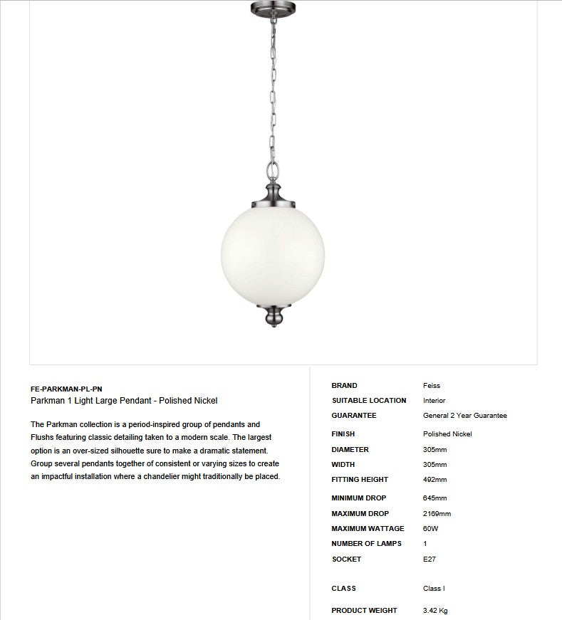 Parkman 1 Light Große Pendelleuchte - Poliertes Nickel - Clicklights Shop