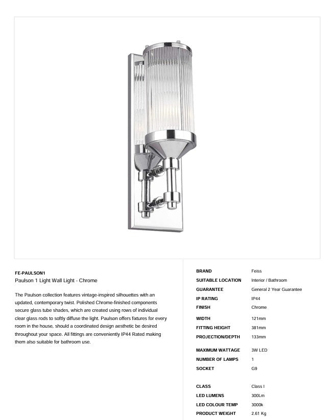 Paulson 1 Light Wandleuchte - Chrom - Clicklights Shop