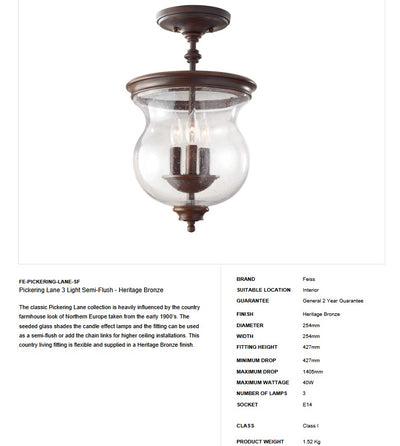 Pickering Lane 3 Light Semi-Flush - Clicklights Shop
