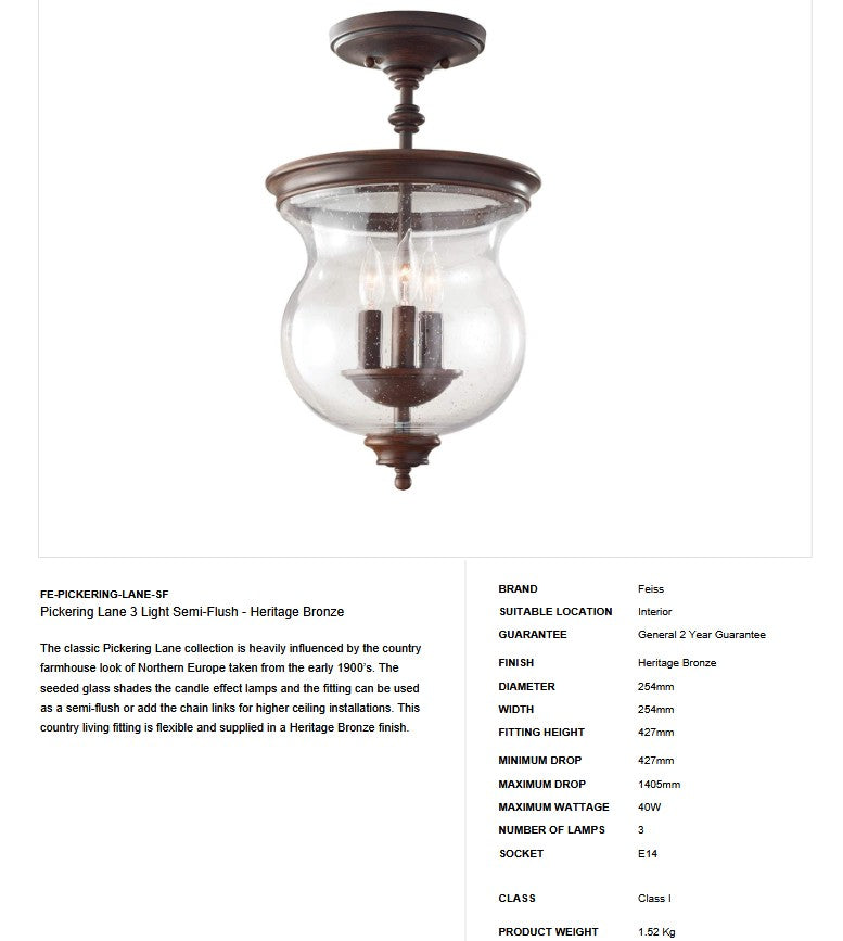 Pickering Lane 3 Light Semi-Flush - Clicklights Shop