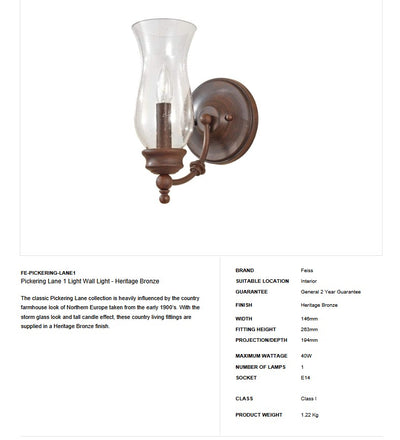 Pickering Lane 1 Light Wall Light - Clicklights Shop