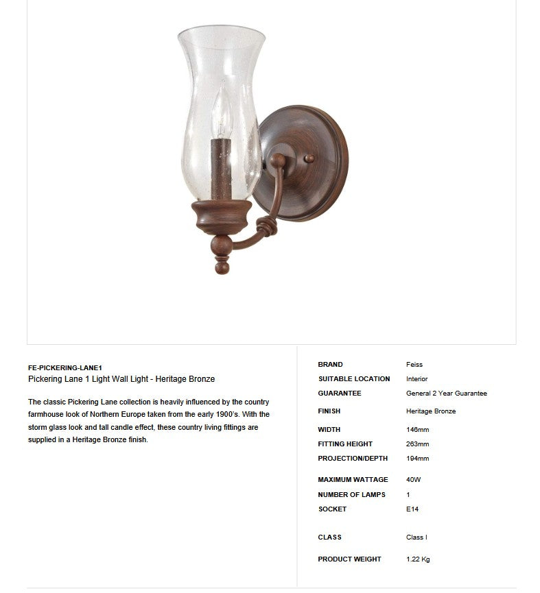 Pickering Lane 1 Light Wall Light - Clicklights Shop