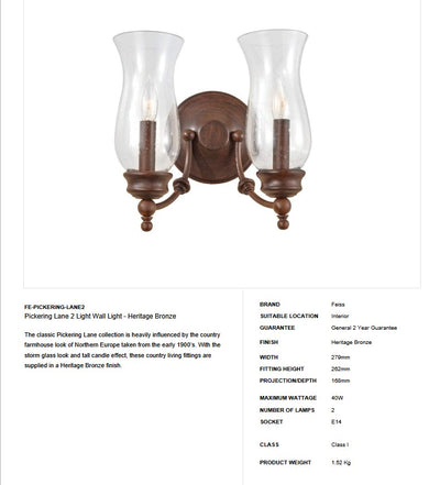 Pickering Lane 2 Light Wall Light - Clicklights Shop