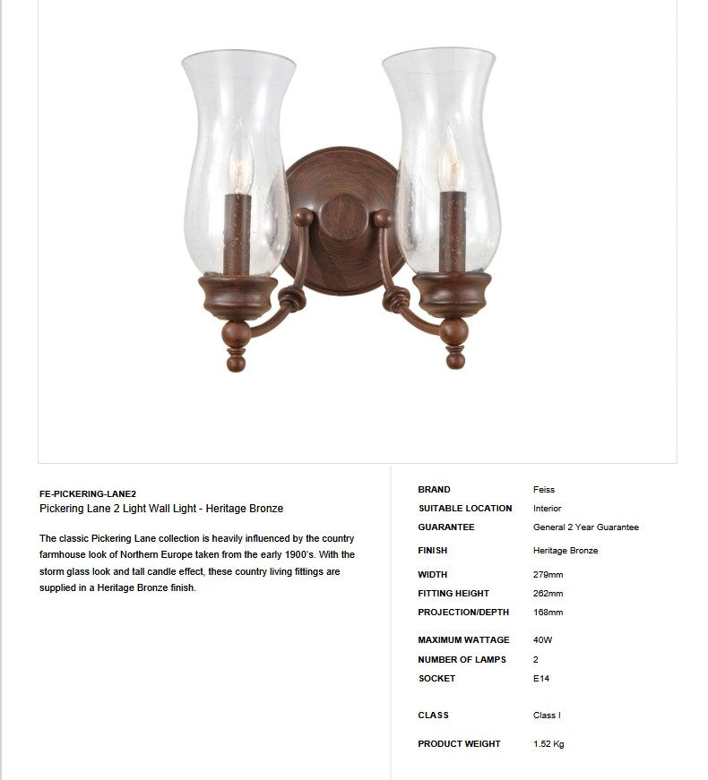 Pickering Lane 2 Light Wall Light - Clicklights Shop