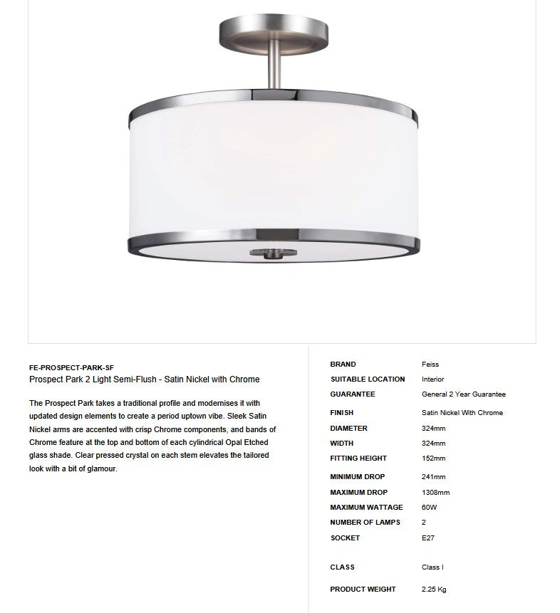 Prospect Park 2 Light Semi-Flush - Satin Nickel mit Chrom - Clicklights Shop