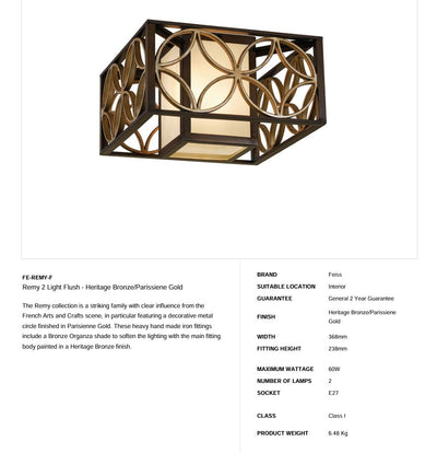 Remy 2 Light Flush - Heritage Bronze/Parissiene Gold - Clicklights Shop
