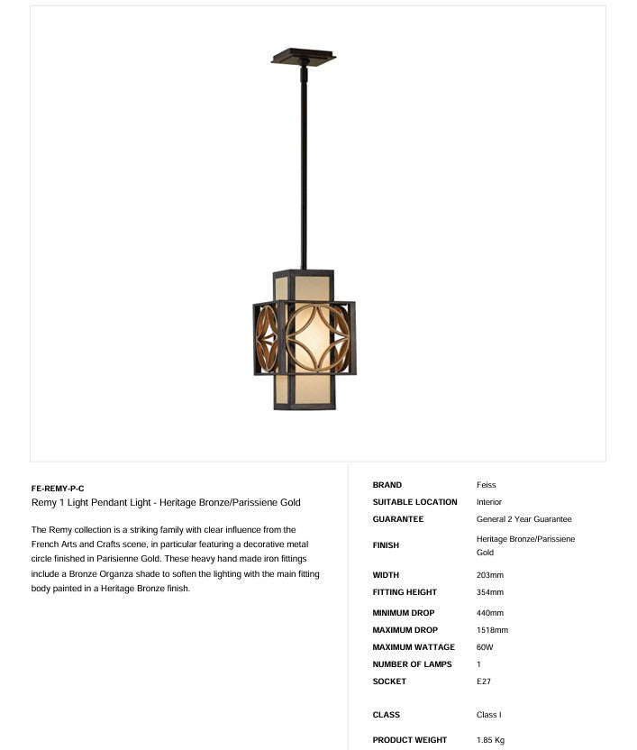 Remy 1 Light Pendelleuchte Kronleuchter - Heritage Bronze/Parissiene Gold