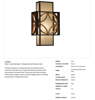 Remy 1 Light Wandleuchte - Heritage Bronze/Parissiene Gold - Clicklights Shop