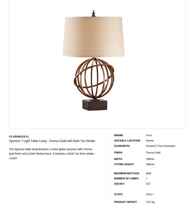 Spencer 1 Light Tischleuchte - Firenze Gold mit dunkelbraunem Schirm - Clicklights Shop