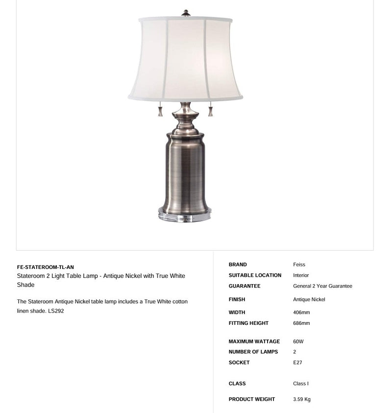 Stateroom-Tischlampe mit 2 Leuchten - Antikes Nickel mit echtweißem Schirm - Clicklights Shop
