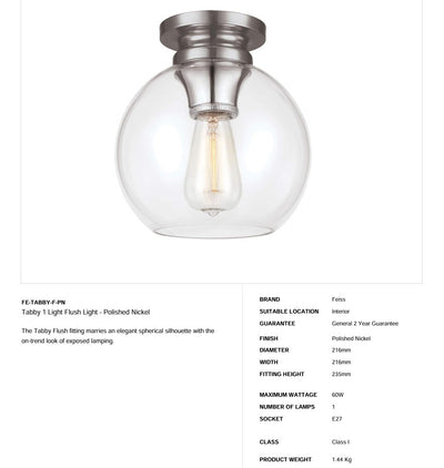 Tabby 1 Light Flush Light - Nickel poliert - Clicklights Shop