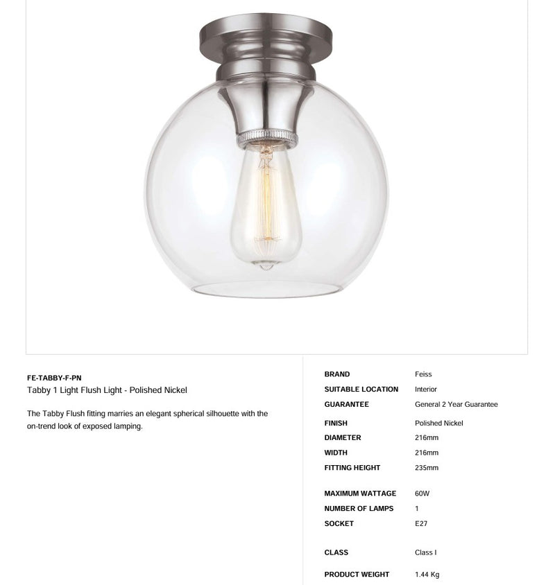 Tabby 1 Light Flush Light - Nickel poliert - Clicklights Shop