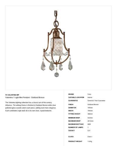 Valentina 1 Light Mini Pendelleuchte - Oxidierte Bronze - Clicklights Shop