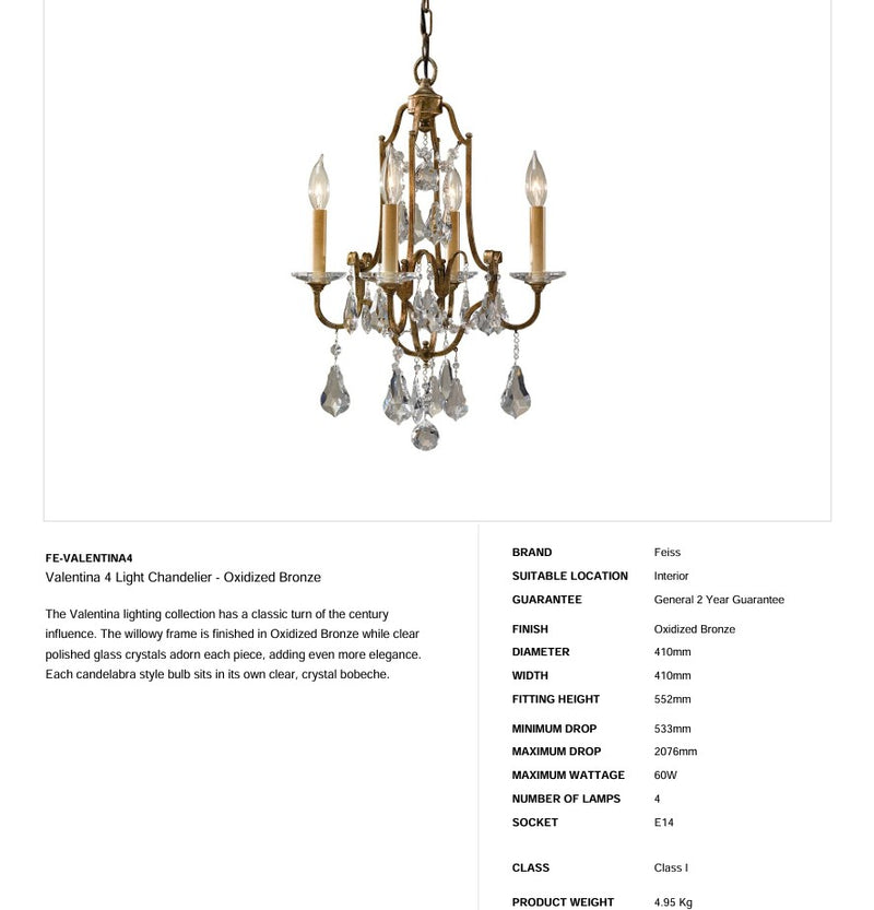 Valentina 4 Light Kronleuchter - Bronze oxidiert - Clicklights Shop