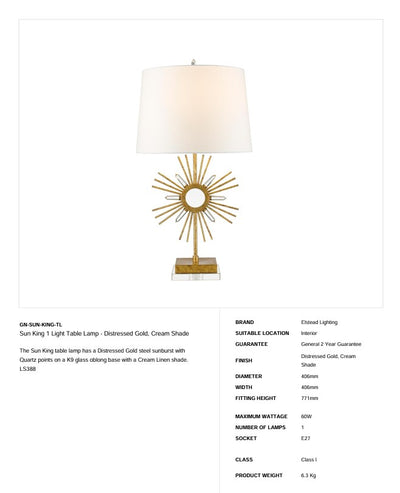 Sun King 1 Light Tischleuchte - Distressed Gold, Cremefarbener Schirm - Clicklights Shop
