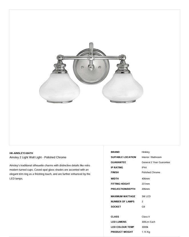 Ainsley 2 Light Wandleuchte - Chrom poliert - Clicklights Shop