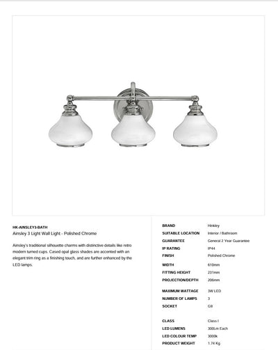Ainsley 3 Light Wandleuchte - Chrom poliert - Clicklights Shop