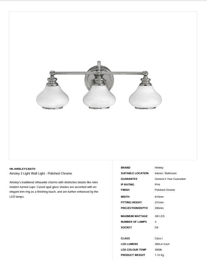 Ainsley 3 Light Wandleuchte - Chrom poliert - Clicklights Shop