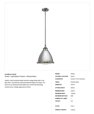 Amelia 1 Light Medium Pendelleuchte - Nickel poliert