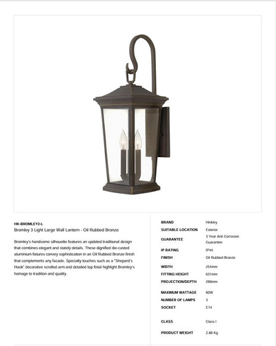 Bromley 3 Light Große Wandlaterne - Ölgeriebene Bronze - Clicklights Shop
