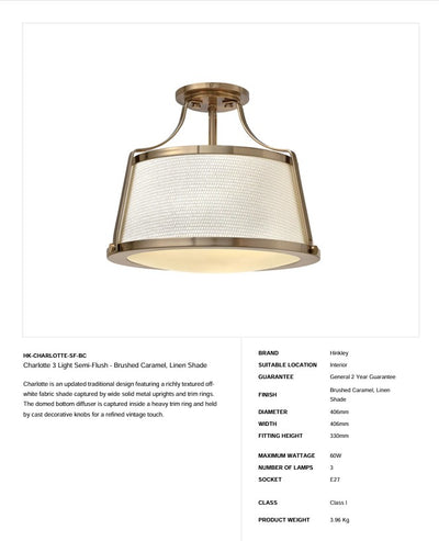 Charlotte 3 Light Semi-Flush - Gebürstetes Karamell, Leinenschirm - Clicklights Shop