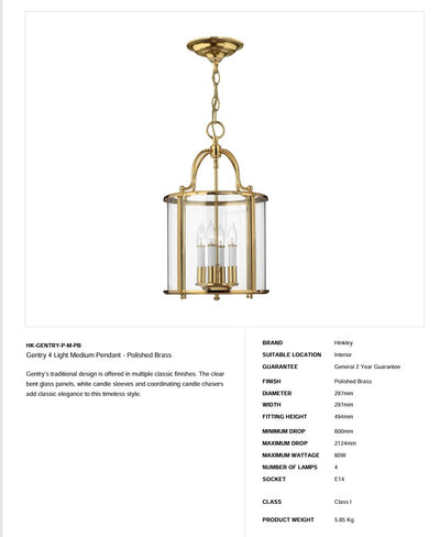 Gentry 4 Light Medium Pendelleuchte - Messing poliert - Clicklights Shop