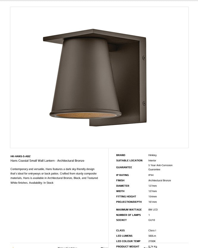 Hans Coastal Kleine Wandlaterne - Architektonische Bronze (Neuheit)