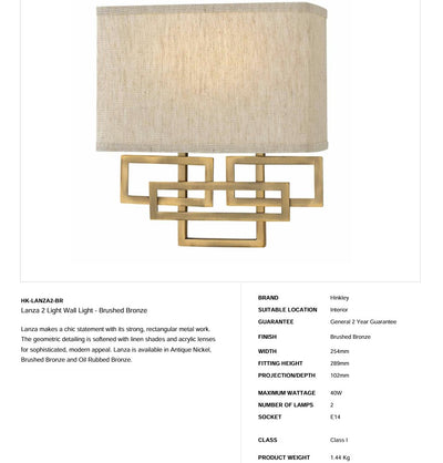 Lanza 2 Light Wandleuchte - Bronze gebürstet - Clicklights Shop