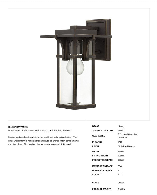 Manhattan 1 Light Kleine Wandlaterne - Ölgeriebene Bronze