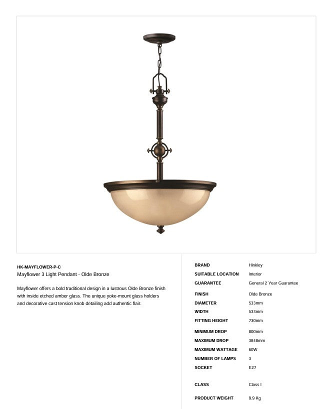 Mayflower 3 Licht Pendelleuchte - Olde Bronze