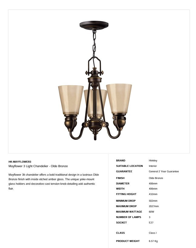 Mayflower 3 Light Kronleuchter - Olde Bronze